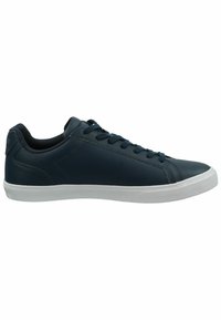 Navy blue leather sneakers with a smooth finish, featuring round toe, flat white rubber sole, and six eyelets with matching laces.