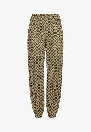 Černé a zlaté kalhoty se vzorem, s elastickým pasem a manžetami, s geometrickým designem po celé tkanině pro zvýraznění textury.