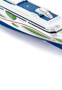 Model ship of the Megastar with a white body, blue bottom, green and red accents, and a helipad on top. Detailed deck and smokestack design.