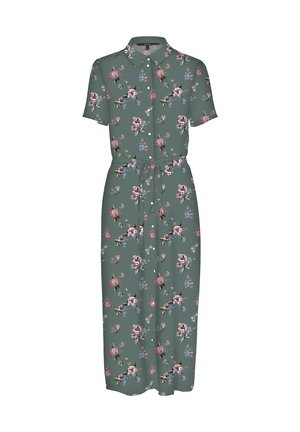 Robe verte à manches courtes boutonnée jusqu'au genou, avec col, ceinture en tissu et motif floral rose, bleu et blanc.