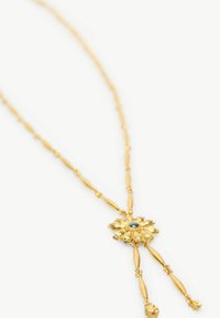 Goldene Halskette mit einem floralen Anhänger und einem akzentuierten Türkisstein. Die Kette besteht aus ovalen und runden Gliedern mit dekorativen Details.