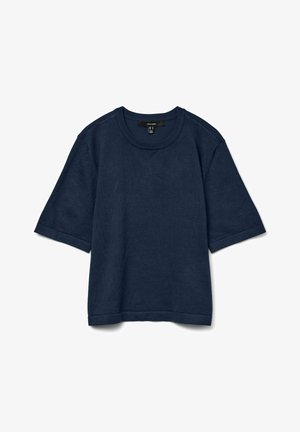 Maglione a maniche corte in maglia blu navy con collo tondo e bordo a costine su collo, polsini e orlo, posato disteso su sfondo bianco.