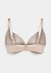 Light beige bra with molded cups, satin straps, and a hook-and-eye closure at the back. Features smooth texture and minimal design.