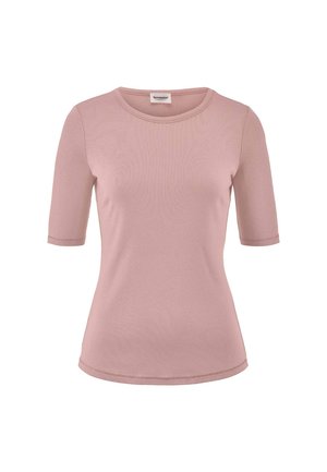 Einfache mauve-farbene, taillierte Damenbluse mit kurzen Ärmeln, rundem Ausschnitt und sichtbaren Nahtdetails an Saum und Ärmeln.