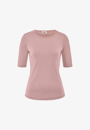 Einfache mauve-farbene, taillierte Damenbluse mit kurzen Ärmeln, rundem Ausschnitt und sichtbaren Nahtdetails an Saum und Ärmeln.