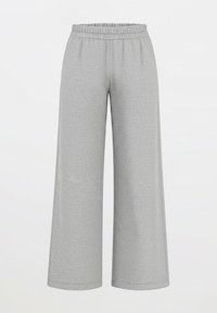 Pantaloni grigi a gamba larga con vita elasticizzata, realizzati in un tessuto morbido e strutturato. Presentano linee pulite e una vestibilità rilassata.