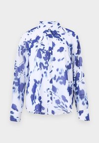 Πουκάμισο με μακρύ μανίκι και κουμπιά σε λευκό χρώμα με μπλε αφηρημένα σχέδια, διαθέτει κλασικό γιακά και απαλό, ελαφρύ ύφασμα.