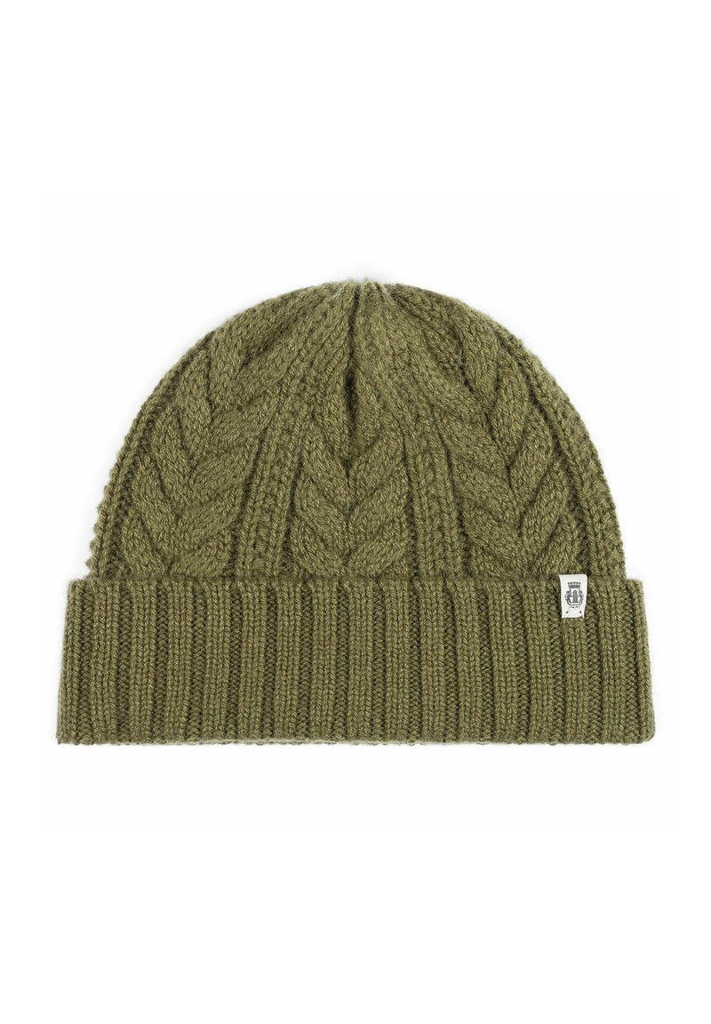 Knit beanie in olive green with a ribbed cuff, featuring a textured, cable-knit design and a small branded tag stitched on the side.