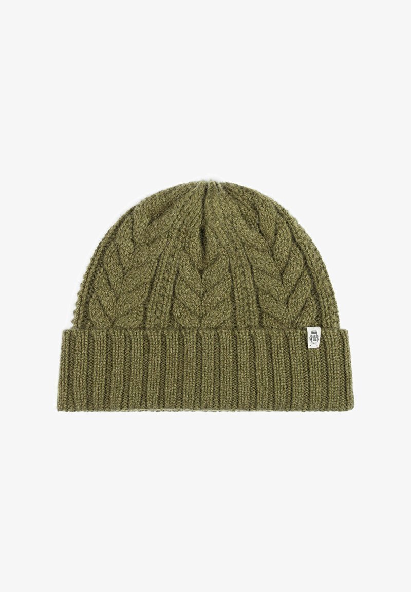 Knit beanie in olive green with a ribbed cuff, featuring a textured, cable-knit design and a small branded tag stitched on the side.