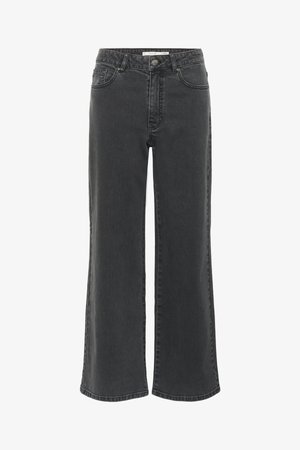Denim preto de perna reta, com cintura alta, design de cinco bolsos e detalhes de costura mínimos.