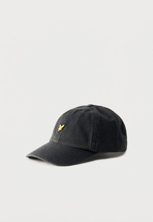 Black baseball cap with a curved brim and a small yellow bird logo embroidered on the front left side.