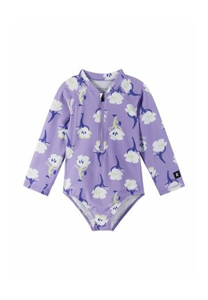 Lila Langarm-Rashguard mit einem floralen Muster in Weiß und Grün, ausgestattet mit einem Frontreißverschluss und einer figurbetonten Passform für Bademode.
