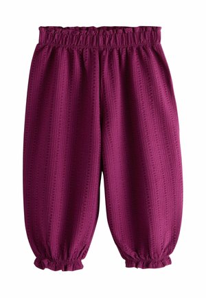 Weinrote Hose mit elastischem Bund und Bündchen, strukturiertem vertikalem Streifenmuster und weiter Passform.