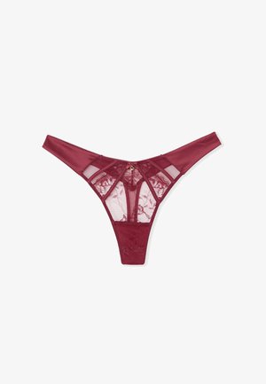 Bordeauxroter Spitzen-String mit Mesh-Einsatz und goldenen Details auf der Rückseite. Schlankes Design mit minimaler Bedeckung und floralem Muster.