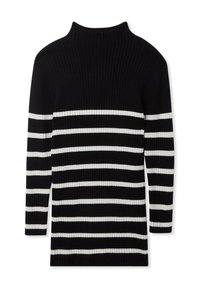 Maglione a righe bianche e nere con colletto alto e maniche lunghe. Le righe alternano spessore, da spesse a sottili, su tutta la superficie.