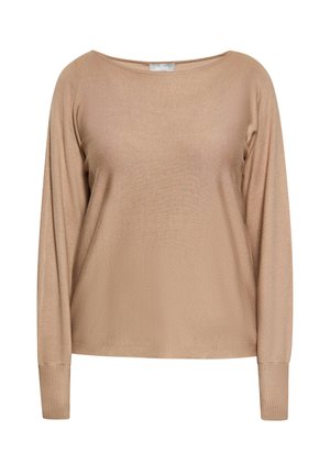 Lange mouw, lichtgewicht beige trui met een bootnek, geribbelde manchetten en een textuurpatroon over de hele trui; ontspannen pasvorm.