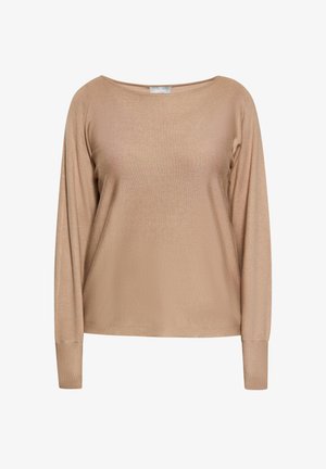 Lange mouw, lichtgewicht beige trui met een bootnek, geribbelde manchetten en een textuurpatroon over de hele trui; ontspannen pasvorm.