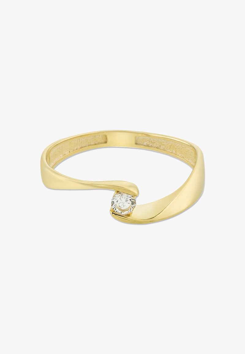 Bague en or avec un design torsadé lisse tenant un seul diamant rond au centre.