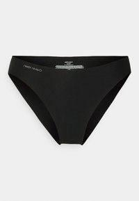 Black bikini brief with a smooth, stretchy material. Features a low-rise waistband and minimalistic design without additional accents or patterns.