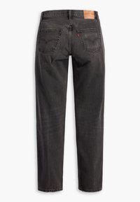 Donkergrijze denim jeans met een rechte pijp, voorzien van twee achterzakken en een leren logo label op de taille. Gestructureerde stof, geen patronen.