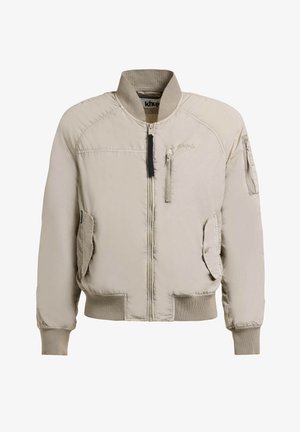 Svetlobéžová bomber bunda s rebrovaným golierom, manžetami a spodným lemom, predným zipsom, náprsnými a bočnými vreckami a vreckom na zips na rukáve.