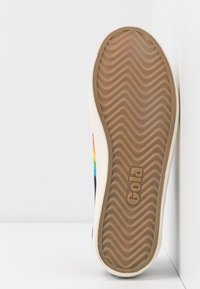 Semelle d'une sneaker blanche avec un motif de semelle ondulé marron et le logo « Gold », bande arc-en-ciel visible sur le côté de la chaussure.