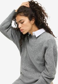 Maglione grigio lavorato a maglia con collo rotondo, polsini a costine e una morbida texture. Abbinato a una camicia bianca con colletto sotto.