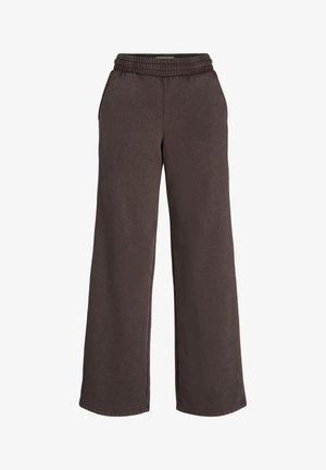 Platus kojų kelnės iš minkštos, tamsiai rudos medžiagos; turi elastingą juosmenį, šonines kišenes ir sklandų paviršių su paprasto siuvimo detalėmis.