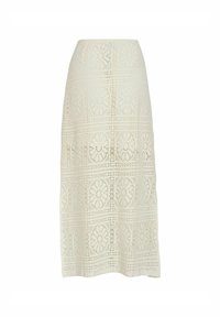 Jupe midi en dentelle ivoire avec des motifs floraux géométriques, dotée d'une taille ajustée et d'un design texturé sur toute la surface.