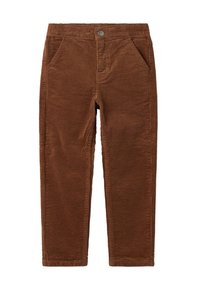 Brune kordfløjspants med en ribbet tekstur, der har to frontlommer og en metalknaplukning i taljen.