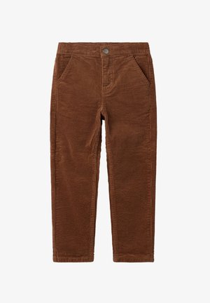 Brune kordfløjspants med en ribbet tekstur, der har to frontlommer og en metalknaplukning i taljen.