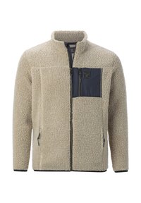 Beige fleece jacket with a high collar, zippered front, and a navy fabric chest pocket. Features side pockets with zip closures.