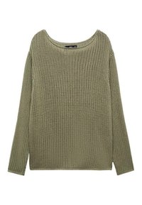 Gebreide trui in olijfgroen, met een losse pasvorm, een brede halslijn en lange mouwen. De textuur van de stof verhoogt de visuele interesse.