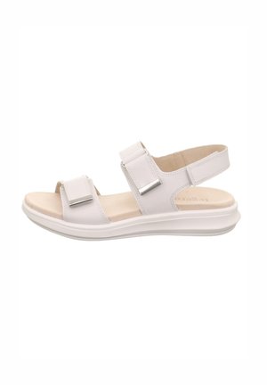 White sandal with two adjustable straps, smooth synthetic material, minimalistic design, and a cushioned footbed. Flat rubber sole.