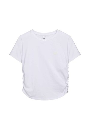 T-shirt blanc à manches courtes avec col rond, côtés froncés et petit logo discret sur la poitrine gauche.