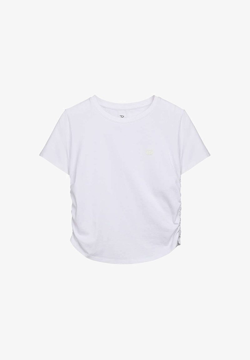 T-shirt blanc à manches courtes avec col rond, côtés froncés et petit logo discret sur la poitrine gauche.