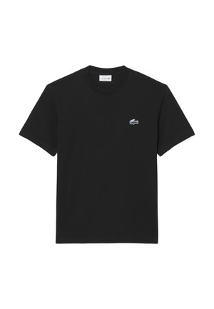 T-shirt nera in cotone con colletto rotondo e maniche corte, caratterizzata da un piccolo logo ricamato a forma di coccodrillo sul lato sinistro del petto.