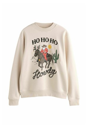 Beige Sweatshirt mit Grafik von Santa in Cowboyhut, der auf einem Rentier reitet, begleitet von einem Wüstenkaktus, Sonne und dem Text "HO HO HO Howdy."