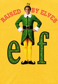 Zelený kostým elfa s bílým kožíškem, černým páskem a žlutými punčochami. Text zní "VYCHOVÁN ELFEM" nad velkými písmeny "e" a "f" na žlutém pozadí.