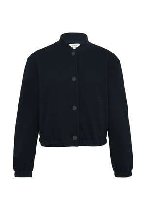 Dark blue cropped jacket made from textured fabric, featuring a stand collar, front snap buttons, and side pockets.