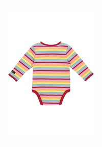 Långärmad bodysuit i ett färgglatt randigt mönster med röd kant. Tillverkad av mjukt tyg med rundad hals och tryckknappslås i botten.