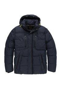 Navy blue puffer jacket with a hood, featuring black zipper pockets, elastic accents, and a quilted texture. Designed for warmth and comfort.