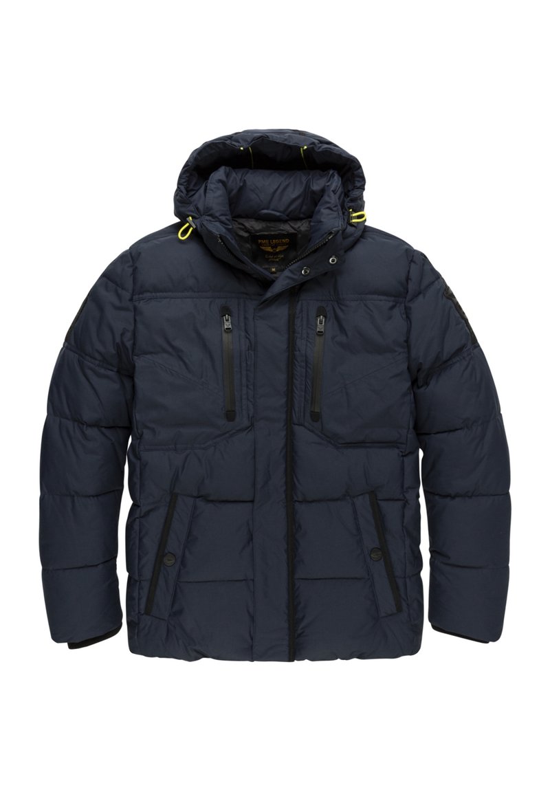 Navy blue puffer jacket with a hood, featuring black zipper pockets, elastic accents, and a quilted texture. Designed for warmth and comfort.