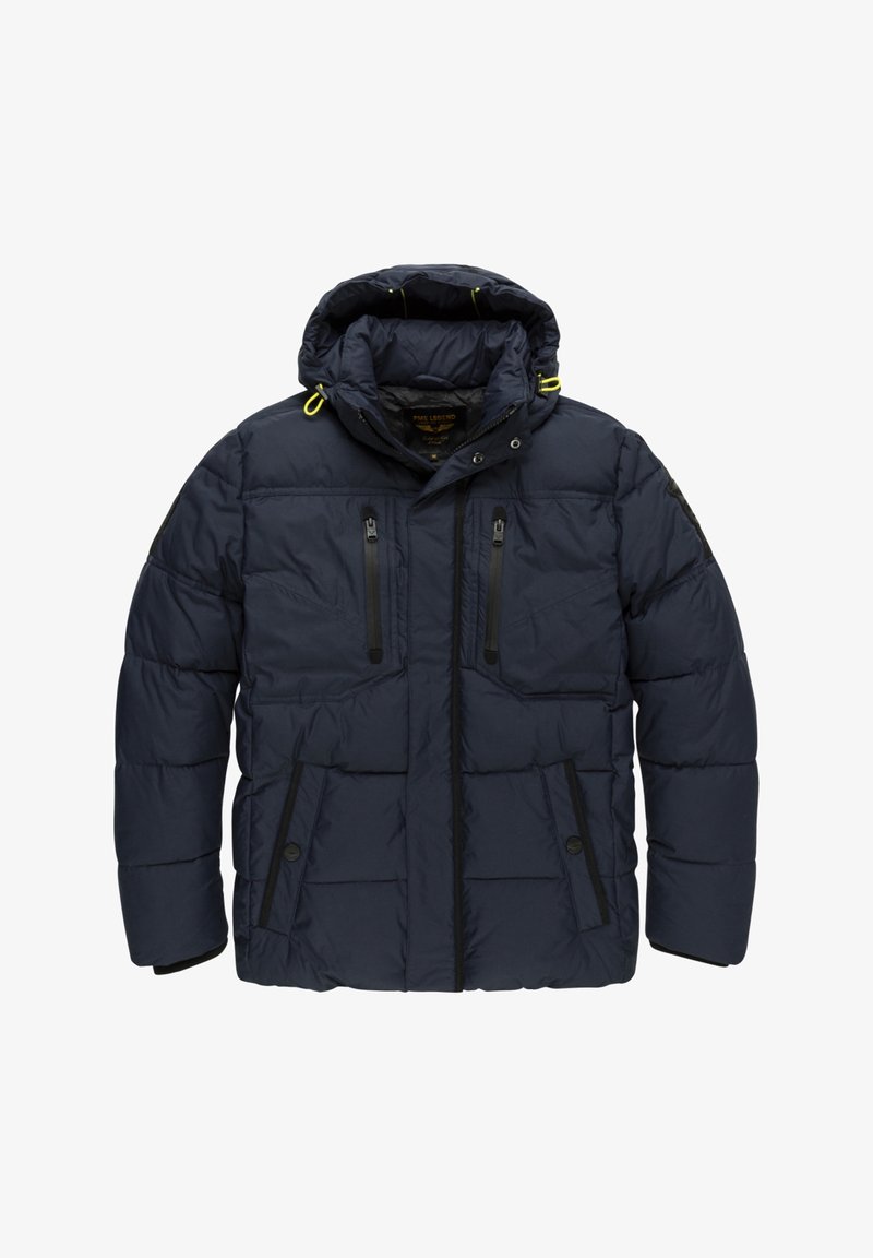 Navy blue puffer jacket with a hood, featuring black zipper pockets, elastic accents, and a quilted texture. Designed for warmth and comfort.