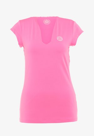 Rosa kurzärmeliges T-Shirt mit V-Ausschnitt. Hergestellt aus glattem Stoff mit einem runden Logo auf der oberen linken Seite.