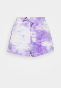 Purple tie-dye shorts with a drawstring waist, made of soft fabric, featuring a relaxed fit and side pockets.