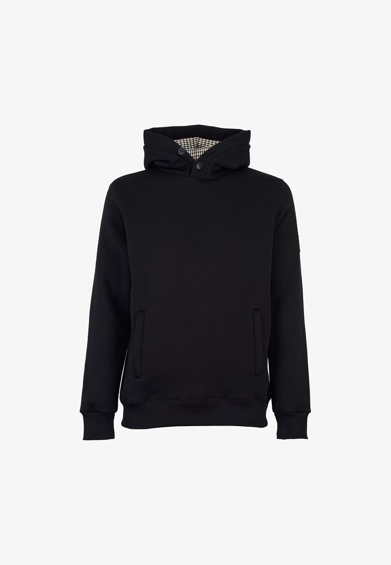 Felpa nera con cappuccio, dotata di tasca frontale, polsini a coste e motivo a quadri all'interno del cappuccio. Realizzata in un tessuto morbido con una superficie liscia.