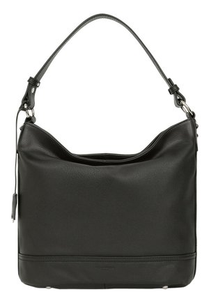 Sac à épaule en cuir noir avec une texture douce, au design hobo, sangle réglable et logo subtil en bas.