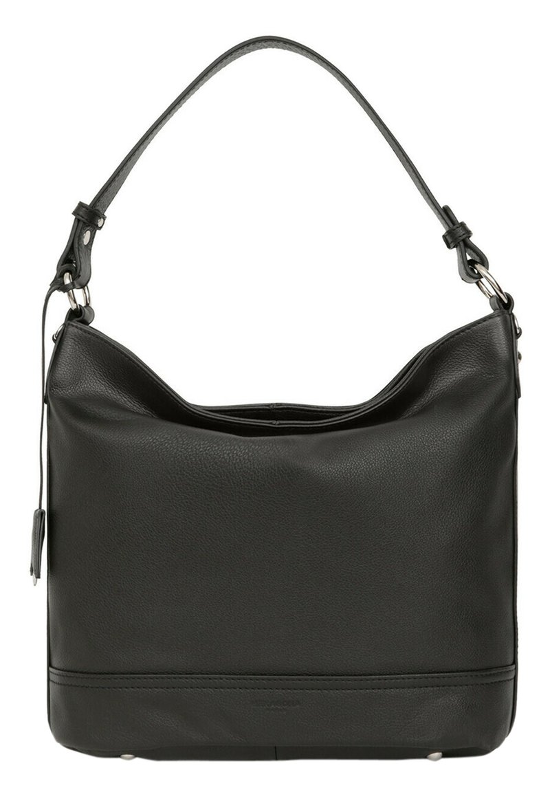 Borsa a spalla in pelle nera con una texture morbida, design stile hobo, tracolla regolabile e branding discreto nella parte inferiore.