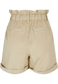 Beige bomullsshorts med volangliv, to baklommer og oppbrettede ermer, med en glatt tekstur og casual snitt.